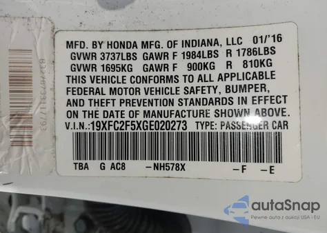 2016 Honda Civic Lx from USA, damaged, VIN 19XFC2F5XGE020273
